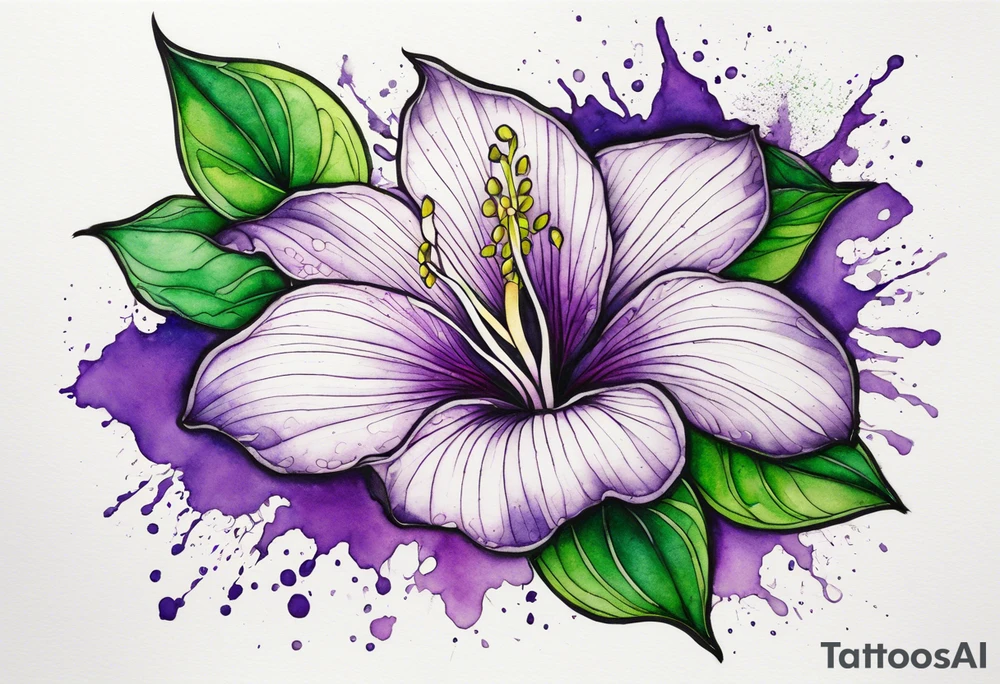 A mystical outline of a rio dipladenia flower with green/purple pedals and a green/purple watercolor splash in the background tattoo idea