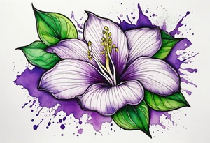 A mystical outline of a rio dipladenia flower with green/purple pedals and a green/purple watercolor splash in the background tattoo idea