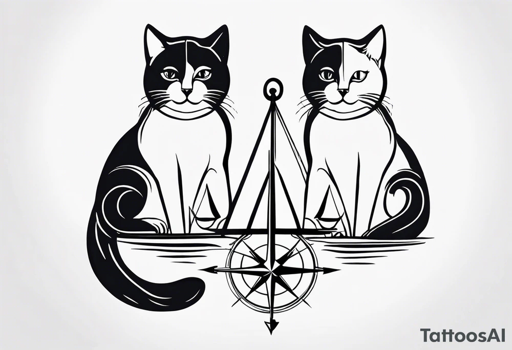 Matching cats with an anchor and a compass tattoo idea