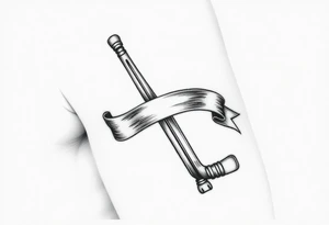 Hockey stick cross with a ribbon wrapping around it, tattoo idea