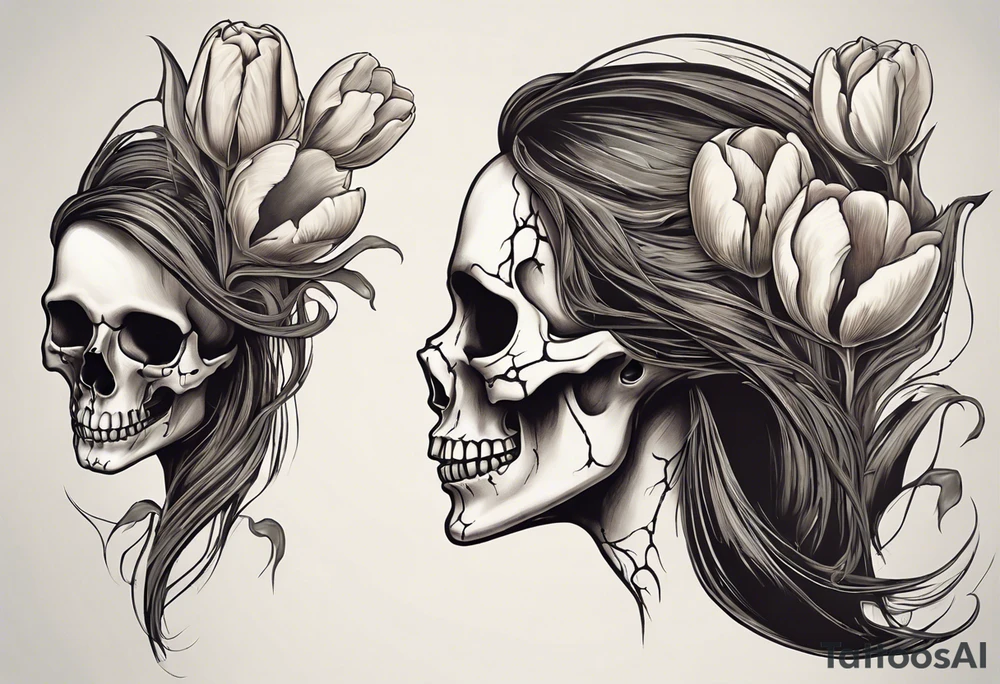 A profile view of a smiling female skull adorned with flowing, long hair, surrounded by symbolism representing the cycle of life and decay. Include a contrast between a fully decayed tulip, a pristine and vibrant tulip in full bloom, and a delicate tulip bud, all harmonizing with the eerie yet beautiful ambiance of the scene. tattoo idea