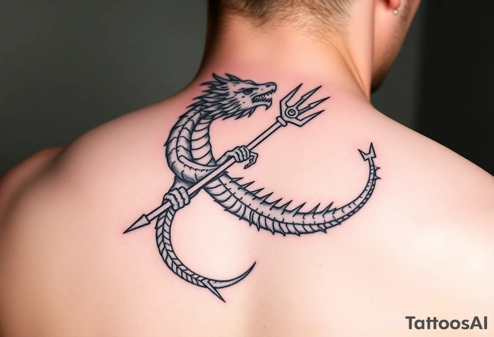 sea dragon with big trident tattoo idea