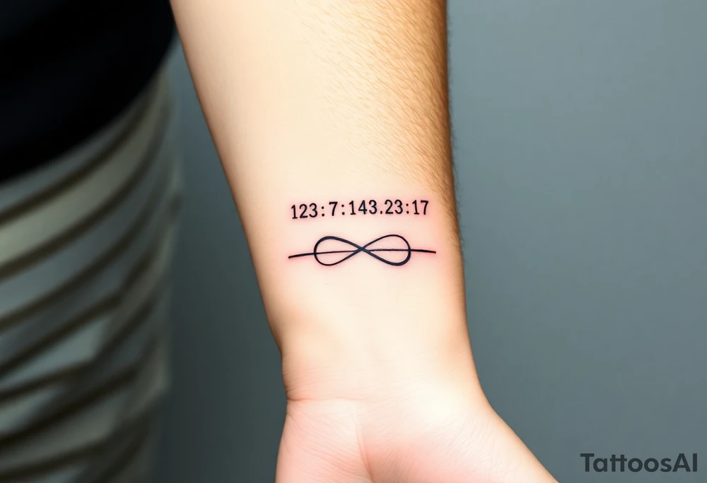 “Quero uma tatuagem no antebraço, simples e pequena. Deve ter a data de nascimento do meu avô escrita em vermelho, seguida de um traço reto e, à frente, o símbolo de infinito em preto. O design deve ser minimalista, com letras elegantes e proporcionais, mantendo um aspeto discreto.” tattoo idea