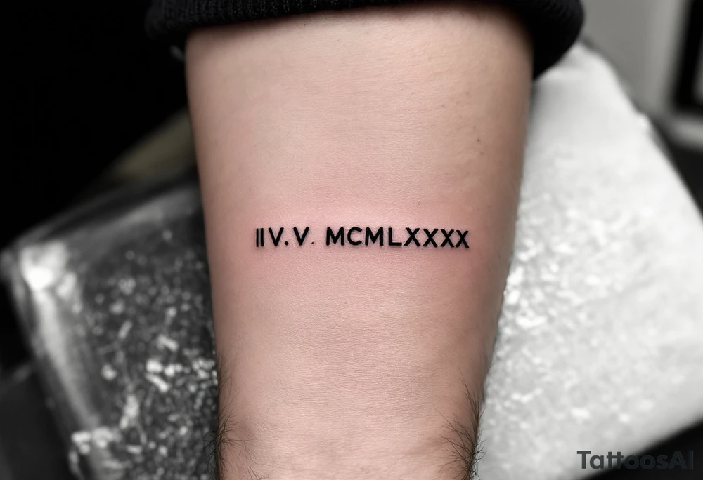 Minimalist IV.V.MCMLXXX tattooed in fine-line black ink on the inner forearm for a birthdate tribute. tattoo idea
