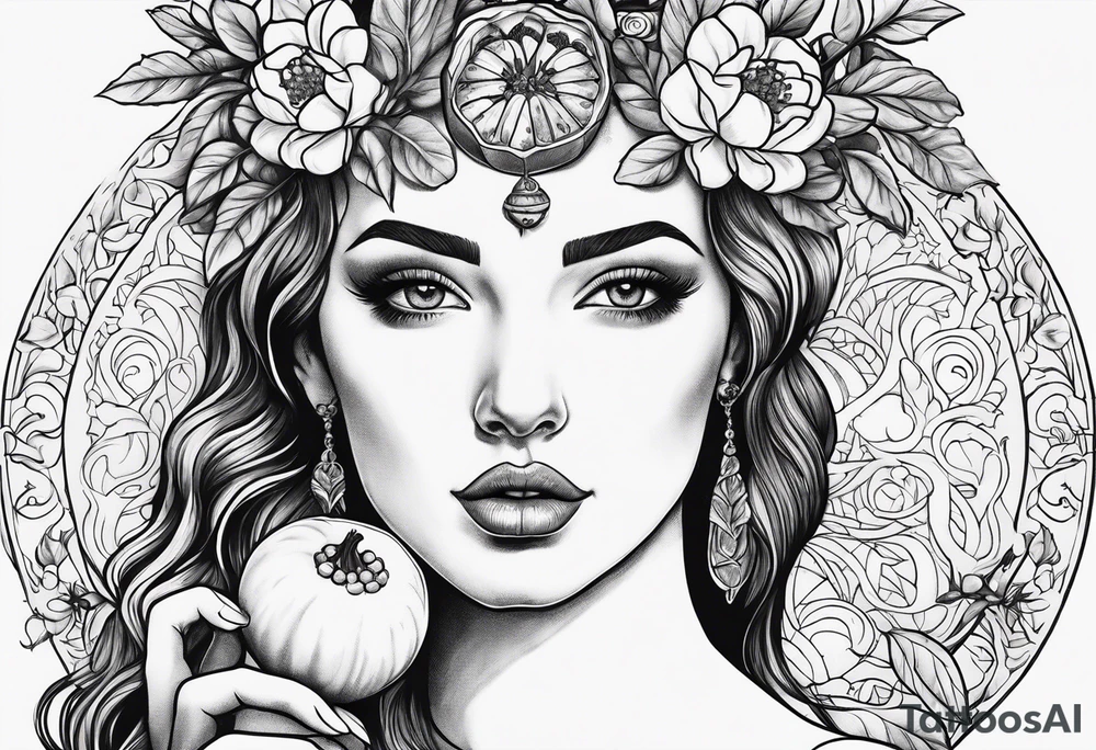 Persephone portrait holding a pomegranate tattoo idea