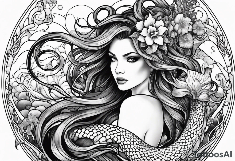 Siren, mermaid, octopus, algae, waves tattoo idea