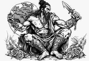 Warrior kneeling down feeding the weak. He needs to be holding the world on his shoulders with the other hand. You can’t be peaceful without being capable of violence tattoo idea