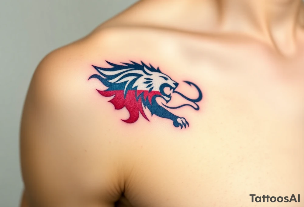 A Czech flag (blue. white and red) morphing into a roaring lion, symbolizing national pride and strength, with deep red, white, and royal blue tones. tattoo idea