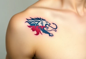 A Czech flag (blue. white and red) morphing into a roaring lion, symbolizing national pride and strength, with deep red, white, and royal blue tones. tattoo idea