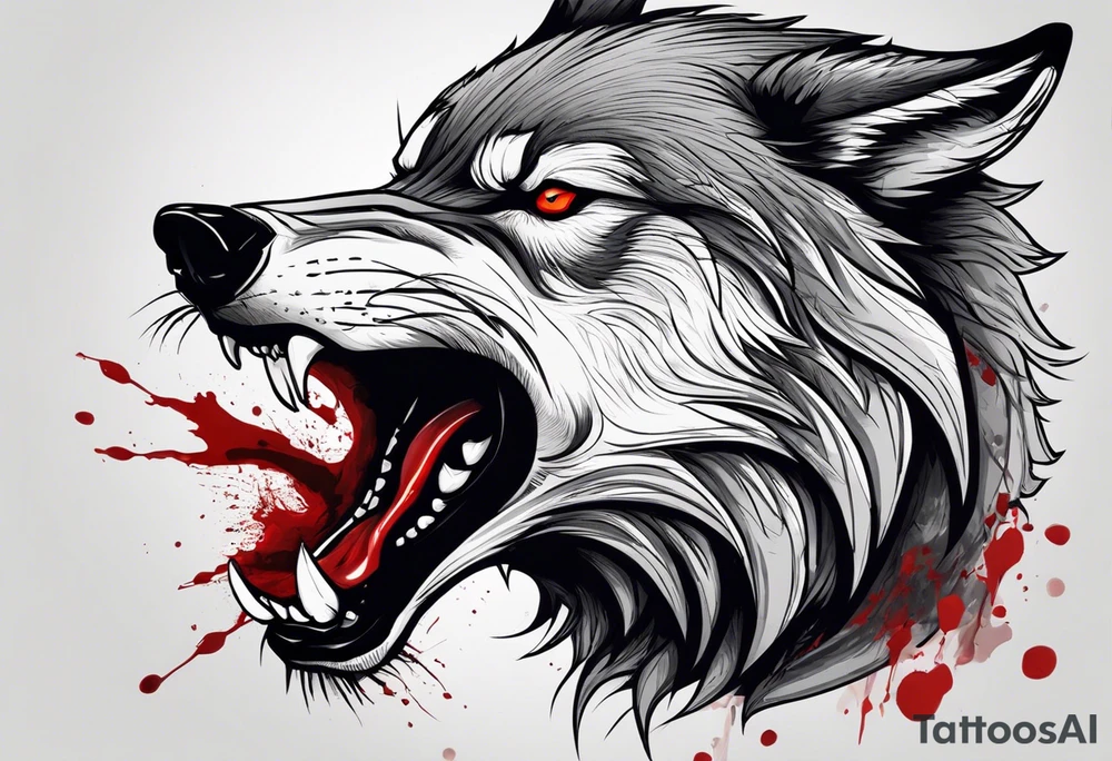 Create aggressive WOLF, with some blood coming out of his mouth and saliva. BLOOD IN THE BACKGROUND. Make it a drawing and use the image of reference. I am going to add. I want HIM TO BE ANGRY WITH RED EYES use VICIOUS WOLF THATS ANGRY tattoo idea