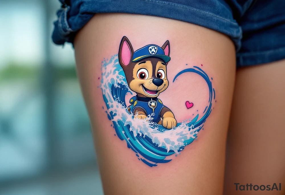Zuma from Paw Patrol riding a wave with a heart-shaped splash, the wave in shades of turquoise and ocean blue, symbolizing the flow of love and adventure. The heart-shaped splash has soft pink and white details for a romantic touch. tattoo idea
