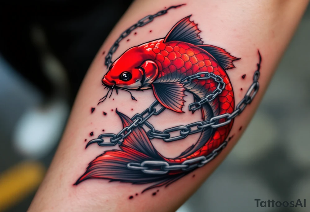 Crimson Koi with Broken Chains – A deep red koi swimming past broken silver chains, symbolizing freedom and breaking personal limits. tattoo idea
