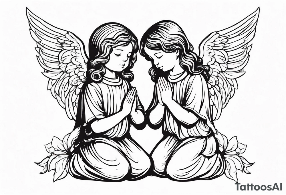 three angels praying together. The two boy angels are on either side of the girl angel, with their wings gently enfolding tattoo idea