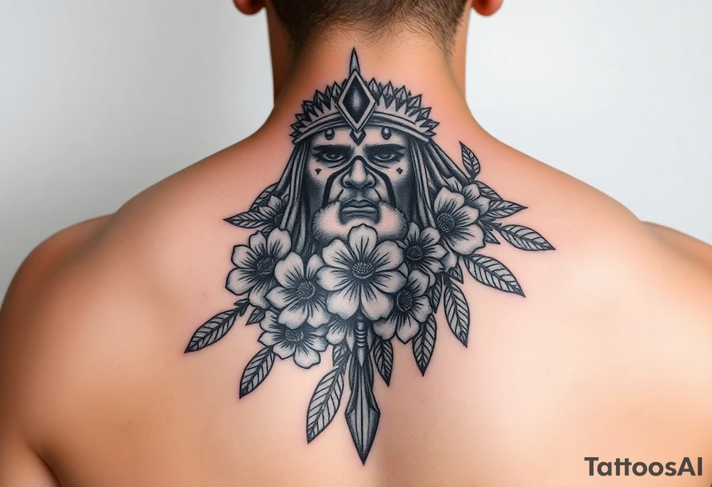 powerful shaman with flowers and spears from Nunavut and representing pain, anger love and healing for front of neck tattoo idea