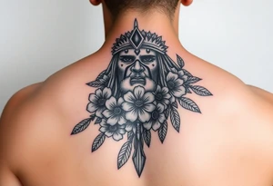 powerful shaman with flowers and spears from Nunavut and representing pain, anger love and healing for front of neck tattoo idea