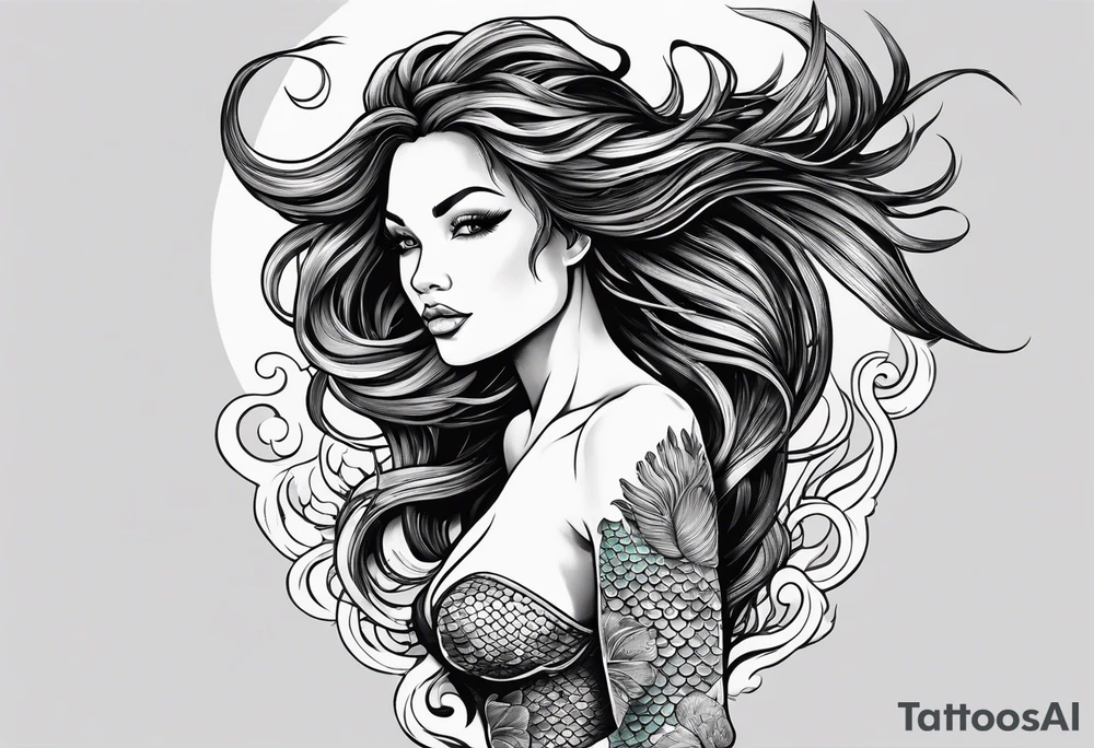 A Black mermaid with dread hairs going up in the air, with a shell bra and a nice long fish tail tattoo idea