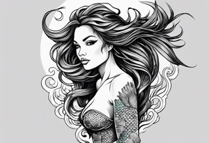A Black mermaid with dread hairs going up in the air, with a shell bra and a nice long fish tail tattoo idea