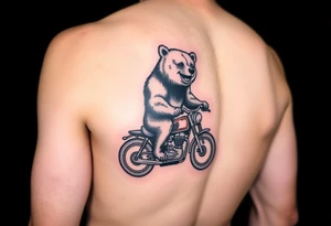 large smiling brown bear riding a motorcycle in side profile tattoo idea