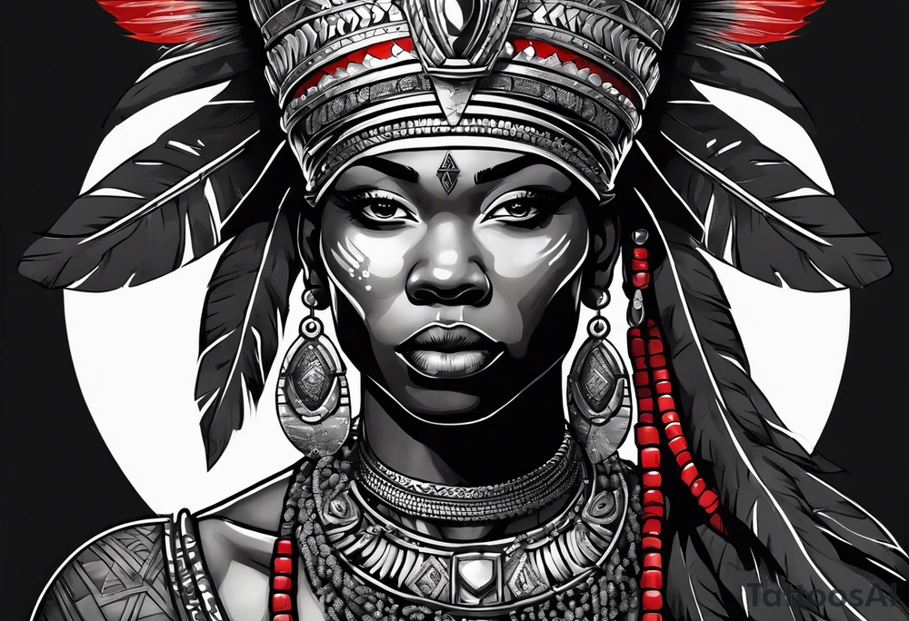african warrior with a small silver crown and a red necklace tattoo idea