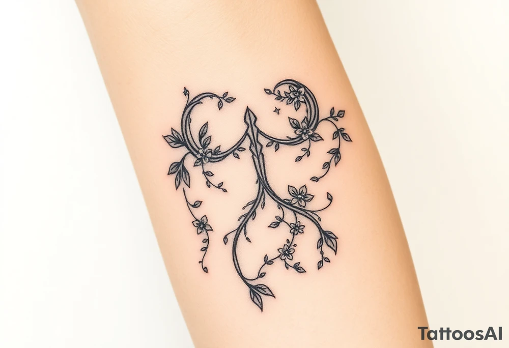 An enchanted bow made of intertwining vines and flowers, with Sagittarius among the leaves tattoo idea