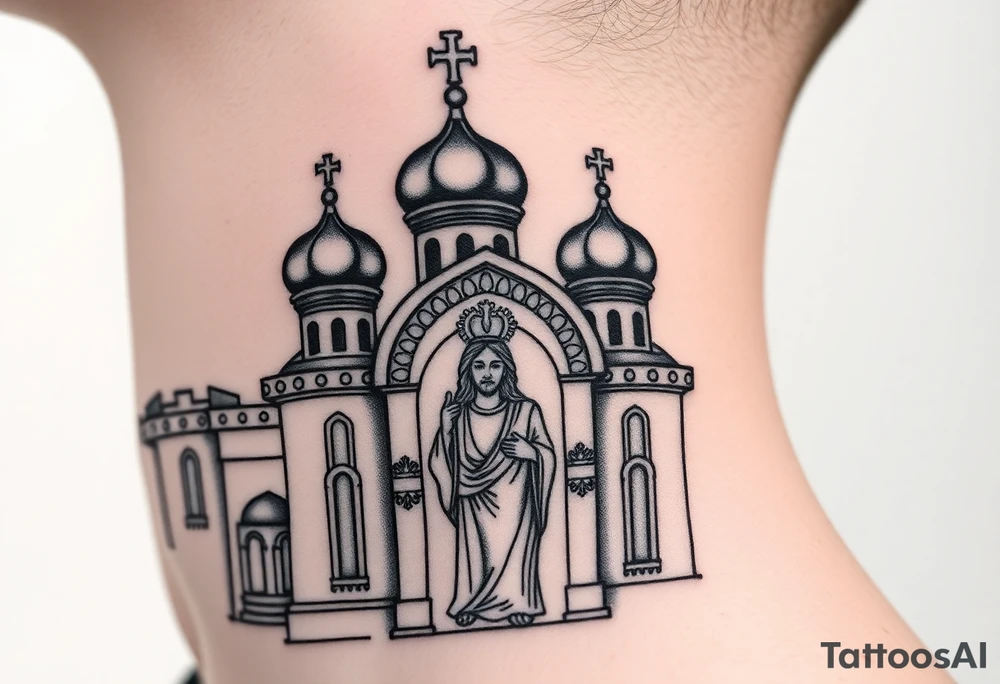 medium sized Russian orthodox church with bulb domes with a prominent russian orthodox mosaic jesus tattoo idea