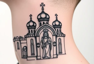 medium sized Russian orthodox church with bulb domes with a prominent russian orthodox mosaic jesus tattoo idea