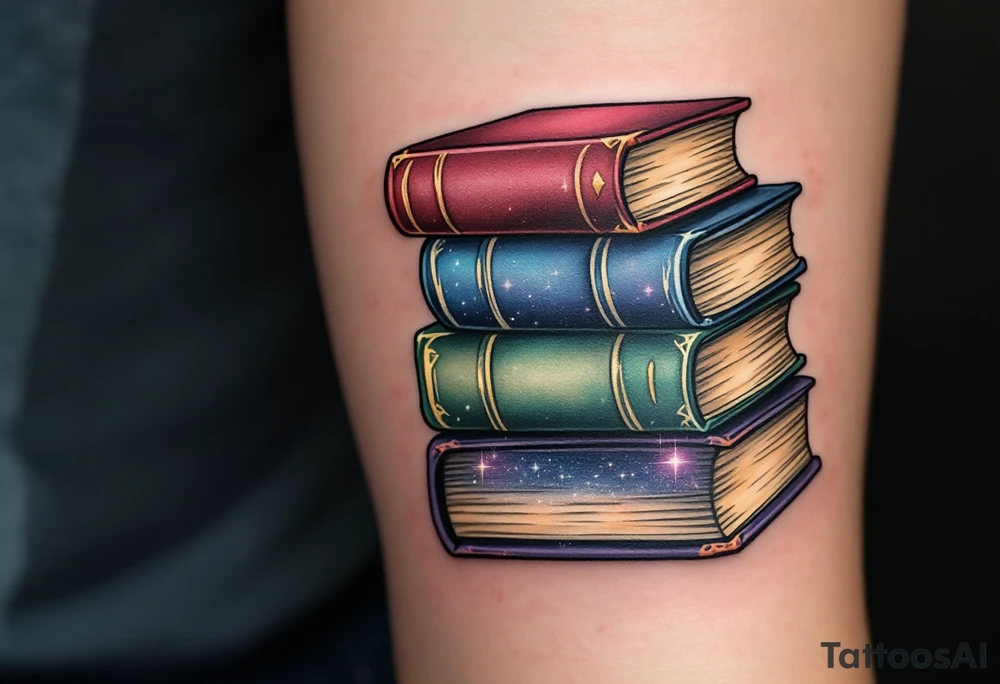 Stack of Classic Novels – A realistic tattoo of a stacked pile of books with vintage worn covers in rich burgundy, deep green, and faded navy, symbolizing a love for timeless literature.

Galaxy Within the Pages – An open book with cosmic blues, purples, and silver tattoo idea