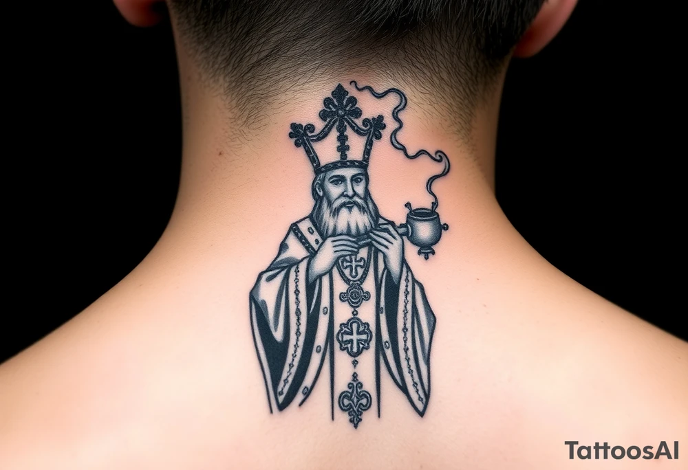 Russian Orthodox Priest in fully detailed vestment swinging a censer with smoke curling upward tattoo idea