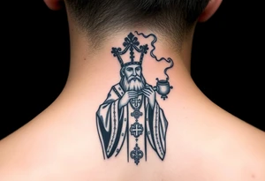 Russian Orthodox Priest in fully detailed vestment swinging a censer with smoke curling upward tattoo idea