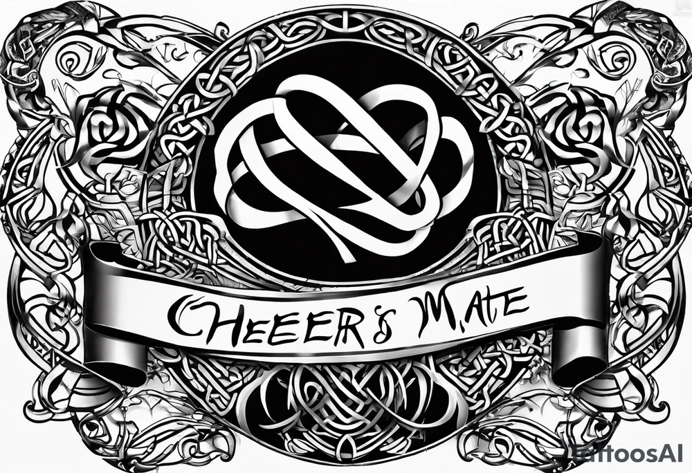 Cheers Mate text, armband +Celtic +Cancer Ribbon +tribal +artistic tattoo idea