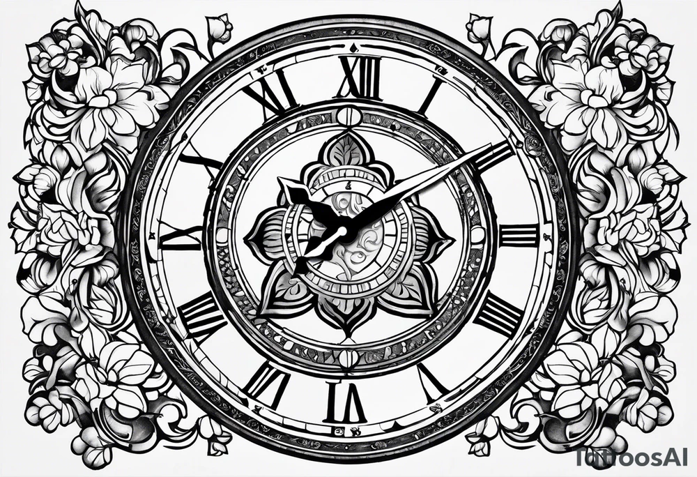 Hispanic/ Latin goddess, love, forgiveness, strength, peace, cancer zodiac time, past, future, clock tattoo idea