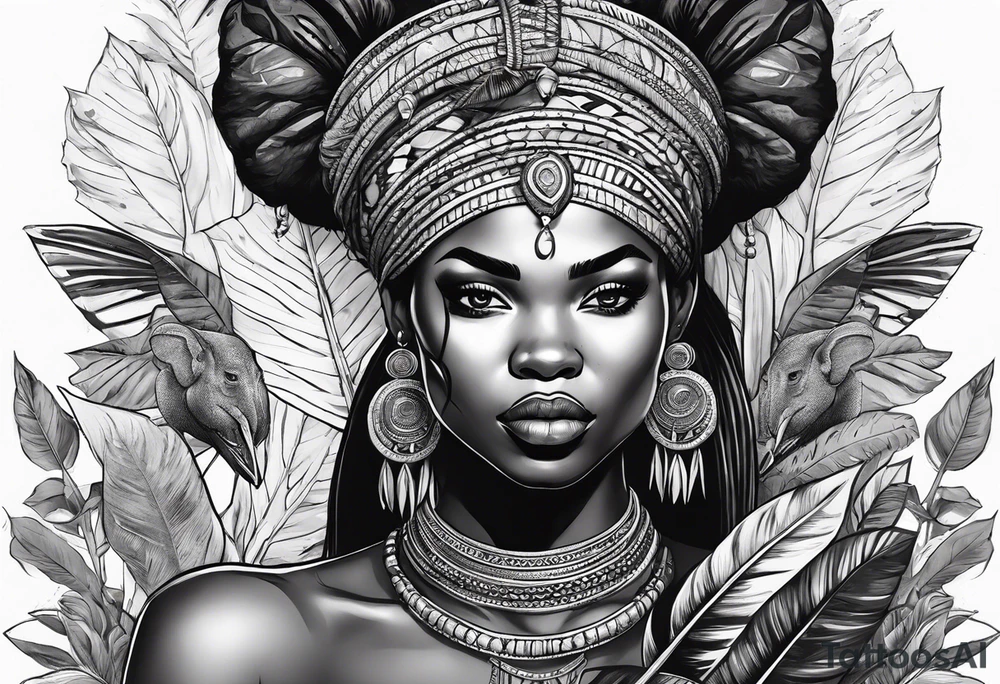 African woman warrior holding spear with deadlocks and earrings. With leafs and brids and Elephant in the background tattoo idea