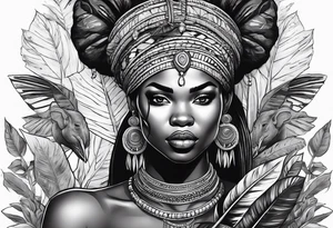 African woman warrior holding spear with deadlocks and earrings. With leafs and brids and Elephant in the background tattoo idea
