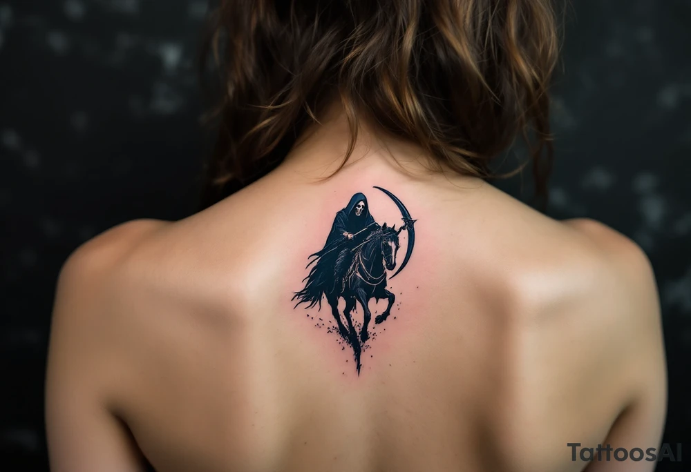 A full-back piece of a Grim Reaper riding a black horse under a stormy indigo sky. tattoo idea