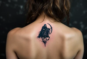 A full-back piece of a Grim Reaper riding a black horse under a stormy indigo sky. tattoo idea