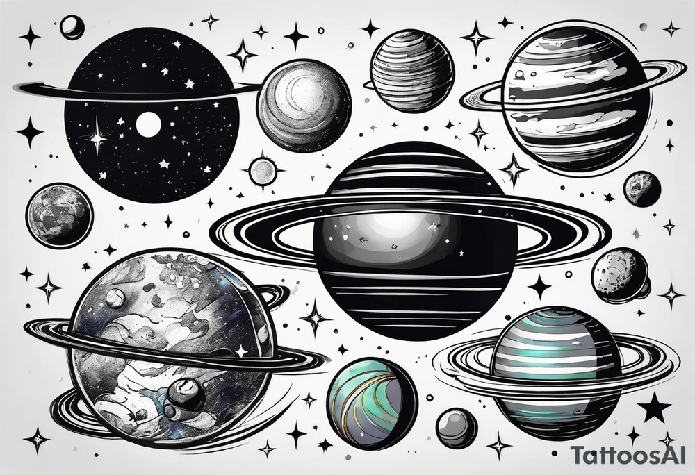 Thin line with planets around it tattoo idea
