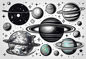 Thin line with planets around it tattoo idea