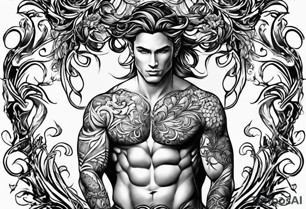 vines coming from skin and wrapping around body. front torso (chest, abs) male tattoo idea