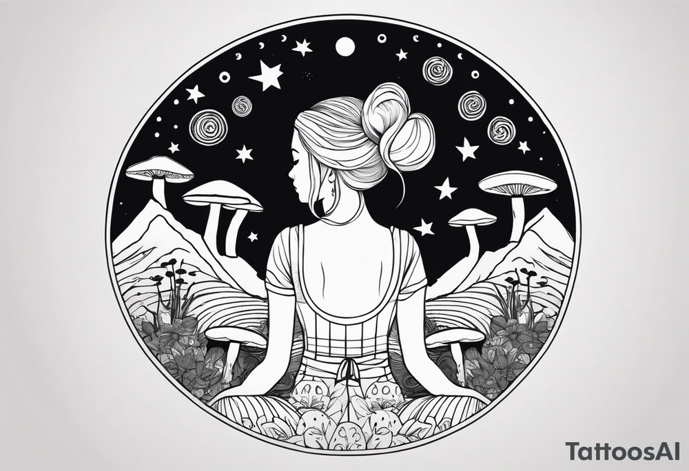 Straight blonde hair girl meditating facing away toward mountains surrounded by mushrooms crescent moon mandala circular design black and white striped dress tattoo idea