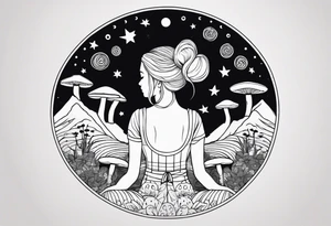 Straight blonde hair girl meditating facing away toward mountains surrounded by mushrooms crescent moon mandala circular design black and white striped dress tattoo idea