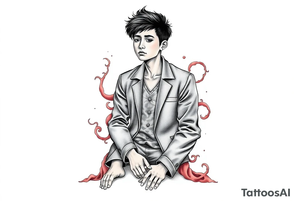 Handsome Asian young guy is standing on his knees sorry tattoo idea