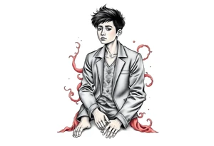 Handsome Asian young guy is standing on his knees sorry tattoo idea