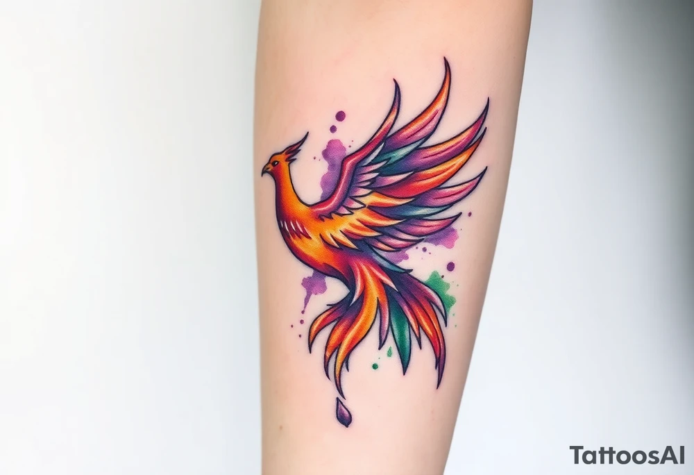 Phoenix with blazing flames with purple and green splashes with ash falling from its tail tattoo idea