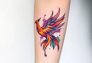 Phoenix with blazing flames with purple and green splashes with ash falling from its tail tattoo idea