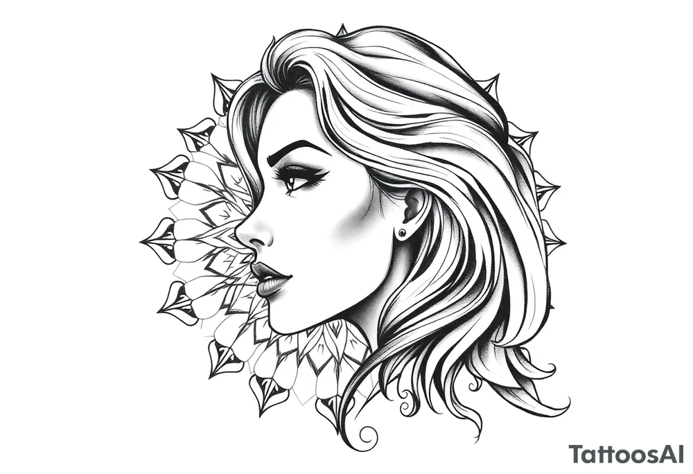 Powerful side profile woman’s face with mandala background tattoo idea