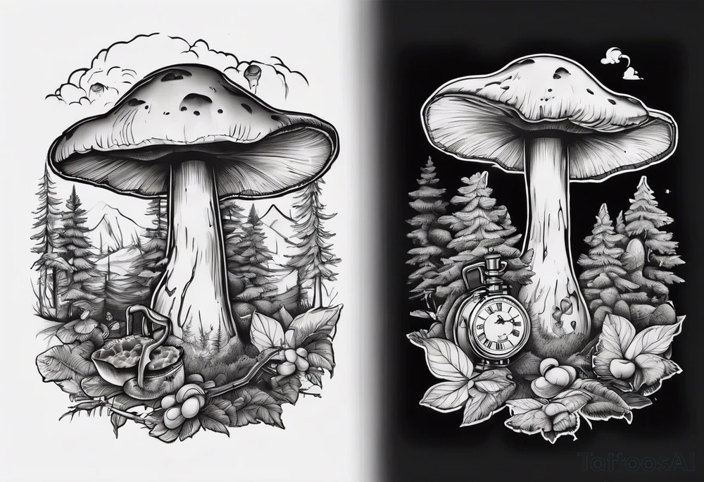 mounting landscape with little boletus in the forest.
Add in a middle an antique clock at 9:44pm. across the tattoo a cinema film. And on top a deck of poker cards

Grandma's walking stick
An Italian coffee maker tattoo idea