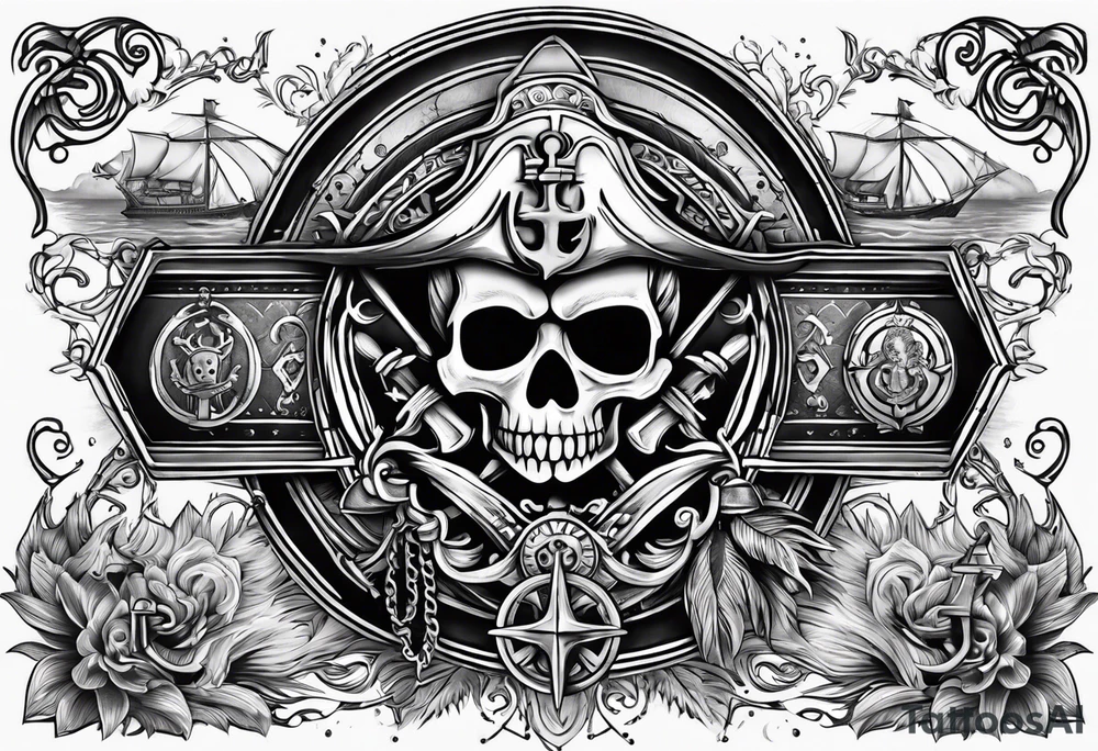 pirates of the caribbean five elements tattoo, aztec gold, davy jones key, east india company emblem, chalices and trident tattoo idea