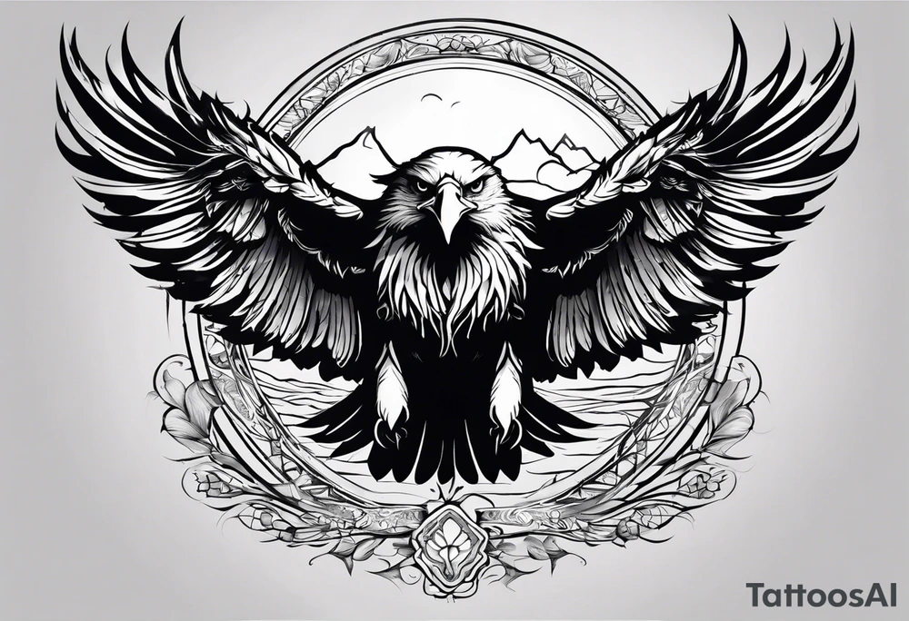the tattoo would be like. In short, 

- eagle head face down 
- eagle wings spread wide 
- middle will be a portrait of me and my mom 
- a short writings on the wings tattoo idea