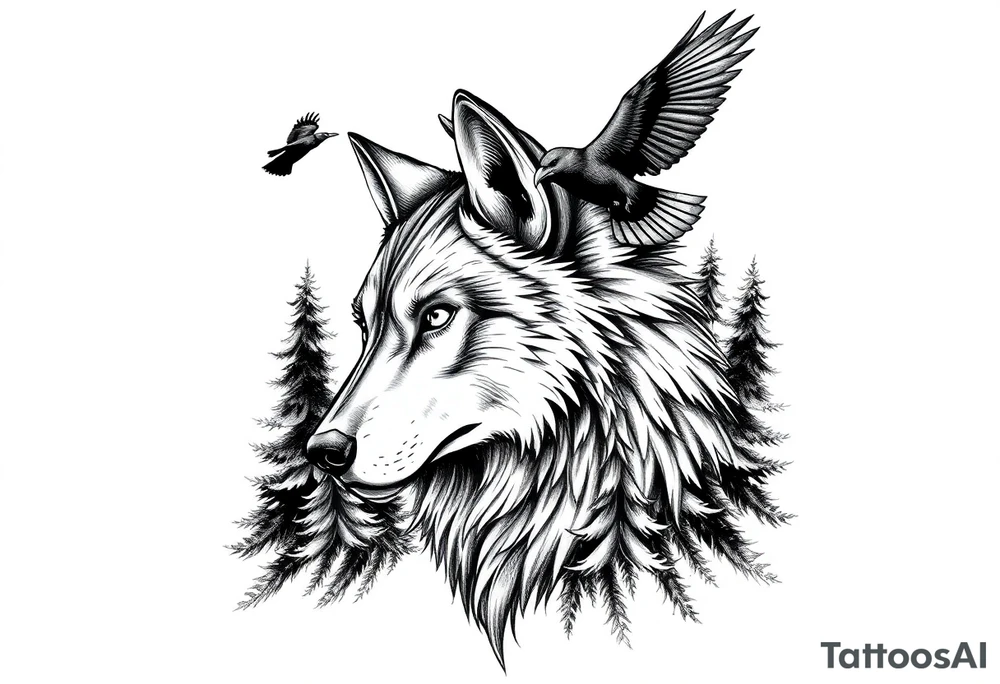 Wolf head surrounded by large pine trees and ravens flying overhead tattoo idea