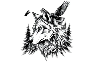 Wolf head surrounded by large pine trees and ravens flying overhead tattoo idea